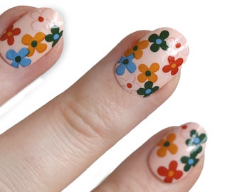 Decalcomanie per unghie con acquascivolo con fiori retrò colorati / decalcomanie per unghie con acquascivolo per fiori / adesivi per unghie floreali / nail art con fiori / unghie con fiori