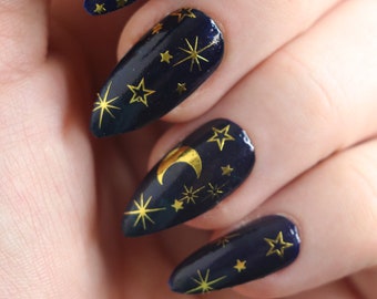 Decalcomanie per unghie con acquascivolo celeste luna e stelle / Boho Nail Art Stickers / Festival Self Care / Disegni per unghie stella d'oro / Regalo