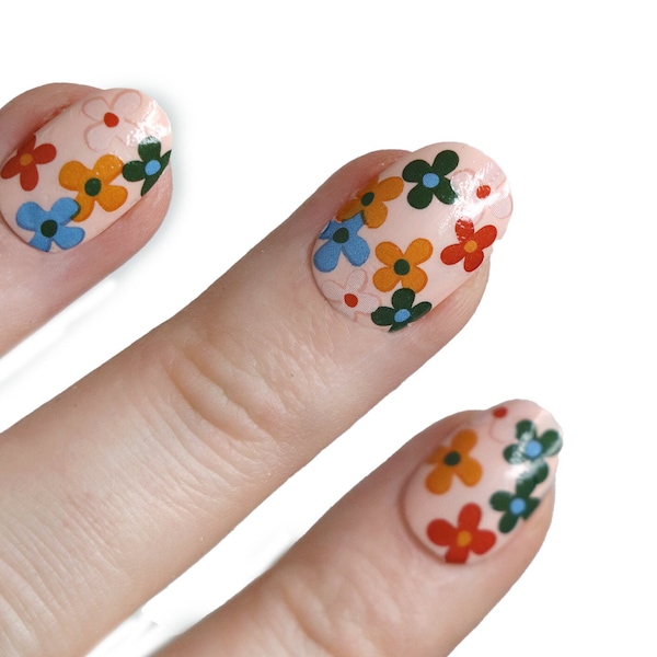 Kleurrijke retro bloemen waterglijbaan nagelstickers | nagelstickers met bloemenwaterglijbaan | bloemen nagelstickers | bloem nagelkunst | bloem nagels