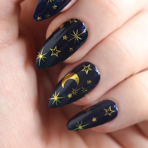 Gold Celestial Moon and Stars Waterslide Nail Decals | Bohemian Nail Art Stickers | Festival Self Care | Gold Star Nail Designs | Gift