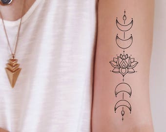 Mondphase Lotus Temporäres Tattoo | Boho temporäres Tattoo | Boho-Tattoo | Lotus-Tattoo | Mondphasen-Tattoo | Boho-Geschenkidee | Geschenk
