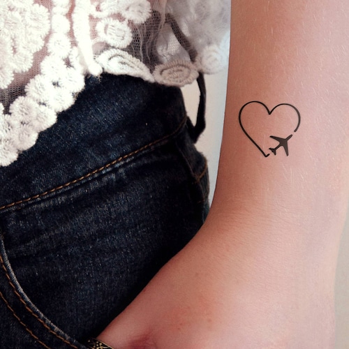 Heart With Plane Temporary Tattoo / Small Temporary Tattoo / | Etsy