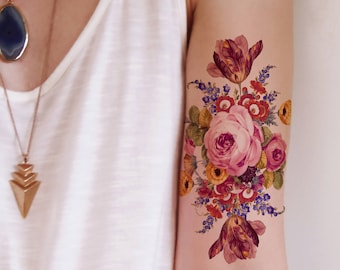 Large vintage floral rose temporary tattoo / rose temporary tattoo / boho temporary tattoo / floral fake tattoo / bohemian temporary tattoo