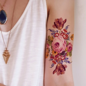 Large vintage floral rose temporary tattoo | rose temporary tattoo | boho temporary tattoo | floral fake tattoo | bohemian temporary tattoo