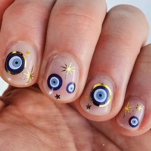 Evil Eye and Gold Star Waterslide Nail Decals | DIY Nail Art | Gold star and Blue Evil Eye Nail Stickers | Contemporary Nails | Gift