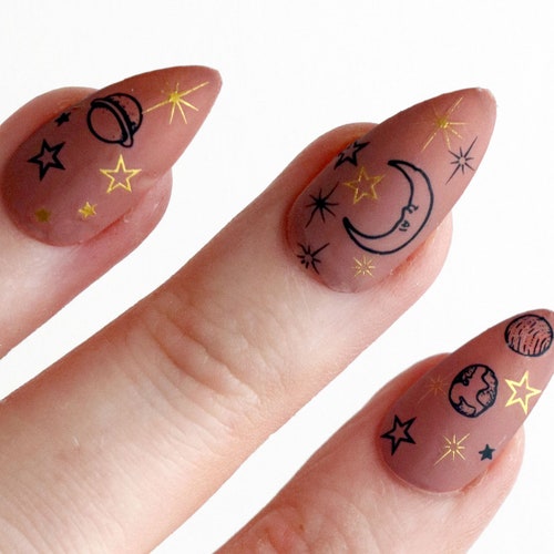 Moon and Stars Nail Tattoos / Gold Nail Decals / Nail Art / Etsy