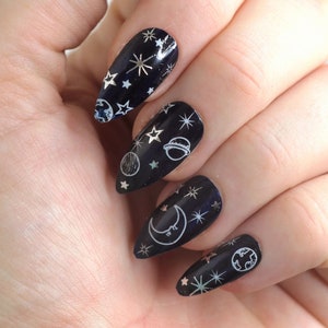 White and Silver Moon, Sun, and Stars Nail Decals | Metalic DIY Nail Art | Water Slide Nail Stickers | Gift