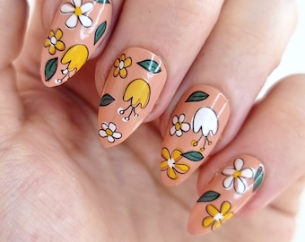 Moderne gele en witte bloemenwaterglijbaan nagelstickers | DIY-nagelkunst | Bloem nagelstickers | Hedendaagse nagels | Geschenk