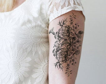 Black and white floral temporary tattoo / large floral tattoo / vintage flower temporary tattoo / flower tattoo / vintage floral tattoo