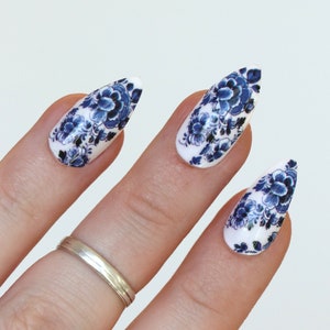 Delft Blue Flower Waterslide Nail Decals DIY Nail Art Floral Nail Stickers Waterslide Nail Transfers something blue wedding Gift image 4