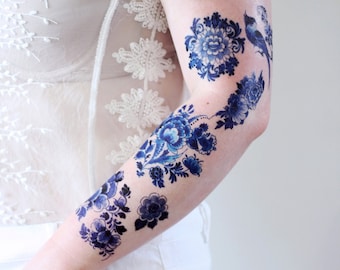 Delft Blue temporary tattoo set | blue floral temporary tattoos | blue flowers | Delft BLue tattoo | flower tattoo set | gift set | blue