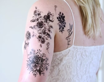 Zwart-witte bloemen tijdelijke tattoo set | vintage bloemen tijdelijke tatoeages | zwart-witte bloemen | zwarte roos | bloem tattoo set