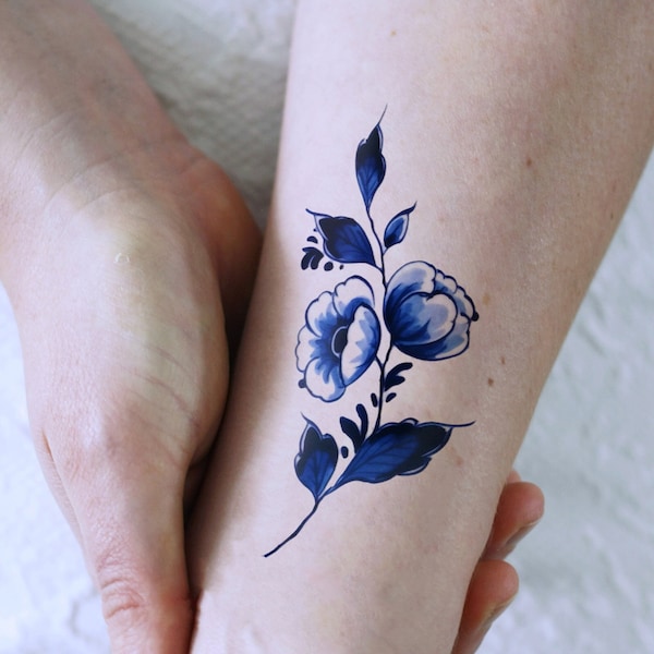 Niederländisch Delft Blue temporäres Tattoo | Niederländische temporäres Tattoo | Blumen temporäres Tattoo | Blumen temporäres Tattoo | etwas Blaue Hochzeit