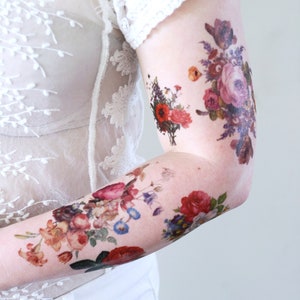 Colorful floral temporary tattoo set | vintage floral temporary tattoos | colorful flowers | rose tattoo | flower tattoo set | gift set