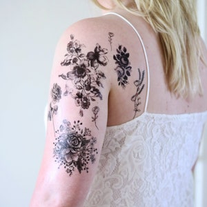 Black and white floral temporary tattoo set | vintage floral temporary tattoos | black and white flowers | black rose | flower tattoo set