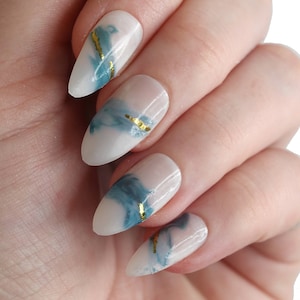 Blue and Gold Watercolor Waves Nail Decals | DIY Nail Art | Ocean Nail Stickers | Abstract Nail Art | Gift