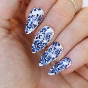 Delft Blue Flower Waterslide Nail Decals DIY Nail Art Floral Nail Stickers Waterslide Nail Transfers something blue wedding Gift image 1