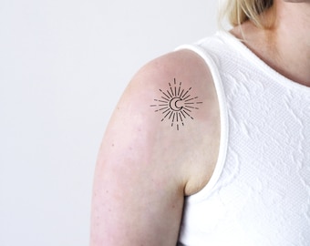 Wachsender Mond und Sonnenstrahlen temporäres Tattoo | Mond-Reparatur-Tattoo | Sonnentattoo | Festival-Tattoo | Boho-Tattoo | Reisetattoo | Geschenk