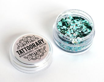 Biodegradable chunky face glitter in 'Ocean' | Blue and Silver biodegradable face glitter | cosmetic grade face glitter | bio face glitter