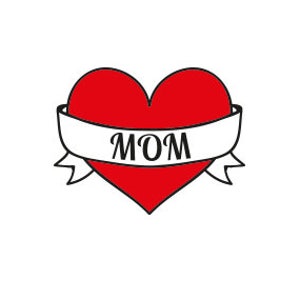 May include: A red heart with a white banner that says "MOM" on it. The heart is outlined in black.