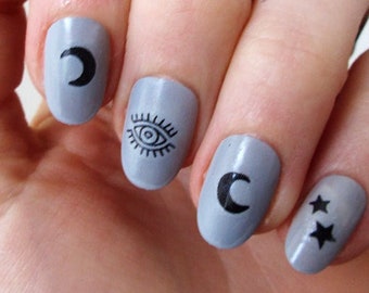 Décalcomanies à ongles pour toboggan aquatique Lune, étoiles et yeux | Stickers ongles célestes | Nail Art mystique | Décoration d'ongles DIY | Cadeau