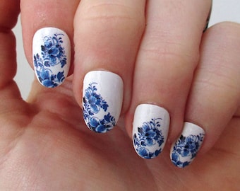 Delft Blue flower waterslide nail decals | flower nail art | floral nails | something blue wedding | floral nail stickers | water slide