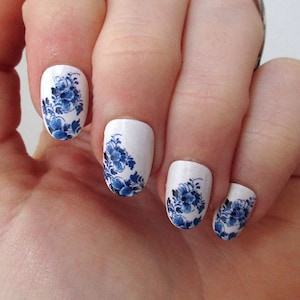 Delft Blue Flower Waterslide Nail Decals DIY Nail Art Floral Nail Stickers Waterslide Nail Transfers something blue wedding Gift image 7