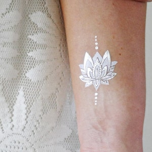 Silver and white lotus temporary tattoo / boho temporary tattoo / lotus tattoo / white tattoo / festival tattoo