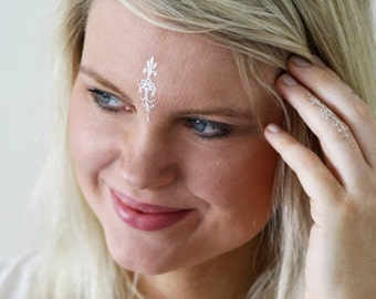 White and Gold Forehead Temporary Tattoos – Festival Boho Face Design