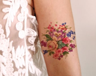 Colorful vintage floral temporary tattoo / vintage temporary tattoo / flower temporary tattoo / bohemian temporary tattoo / fake tattoo