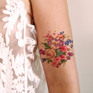 Colorful vintage floral temporary tattoo | vintage temporary tattoo | flower temporary tattoo | bohemian temporary tattoo | fake tattoo