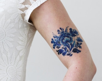 Delft Blue floral temporary tattoo | Delft blue temporary tattoo | vintage temporary tattoo | bohemian temporary tattoo | something blue