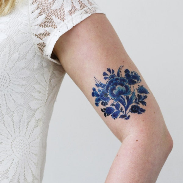 Delft Blue floral temporary tattoo | Delft blue temporary tattoo | vintage temporary tattoo | bohemian temporary tattoo | something blue