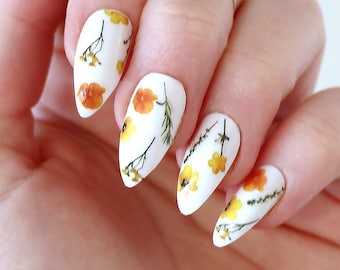 Decalcomanie per unghie con acquascivolo con fiori gialli e verdi / Nail art fai da te / Adesivi per unghie floreali / Unghie vivaci / Regalo