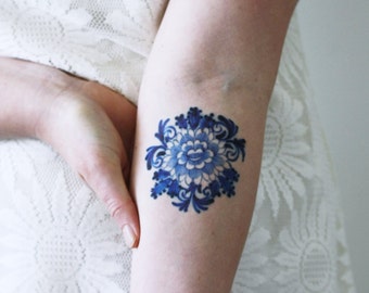 Delft Blue temporary tattoo / floral temporary tattoo / flower temporary tattoo / blue gift idea / something blue / boho temporary tattoo