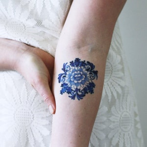 Delft Blue temporary tattoo floral temporary tattoo flower temporary tattoo blue gift idea something blue boho temporary tattoo image 1
