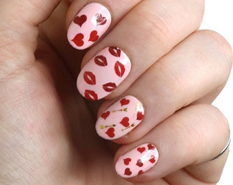 Calcomanías para uñas para el día de San Valentín / Calcomanías para uñas con diseño de corazones rojos / Calcomanías para uñas con diseño de letras de amor y besos / Calcomanías para uñas con forma de corazón / Arte de uñas con diseño de amor / Regalo