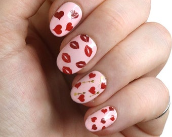 Valentines Day Nail Decals | Red hearts waterslide nail decals | kisses love letters nails | heart nail decals | love nail art | Gift