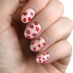 Valentines Day Nail Decals | Red hearts waterslide nail decals | kisses love letters nails | heart nail decals | love nail art | Gift