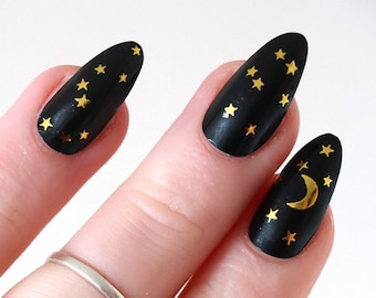 Moon and Stars Nail Tattoos | Gold Nail Art | Celestial Waterslide Decals | Night Sky Nails | Gift