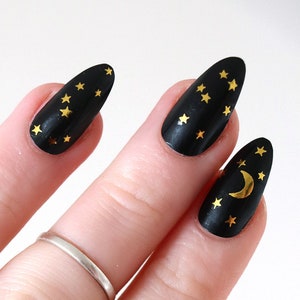 Moon and Stars Nail Tattoos | Gold Nail Art | Celestial Waterslide Decals | Night Sky Nails | Gift
