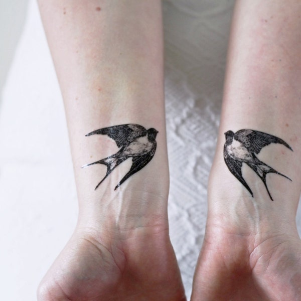 2 Schwalben temporäre Tattoos | Schwalben-Set temporäres Tattoo | schwarze Schwalbe temporäres Tattoo | Vogel temporäres Tattoo | kleines temporäres Tattoo