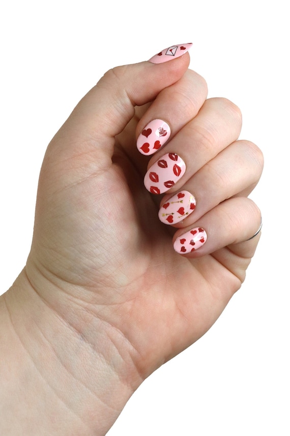 Valentines Day Nail Decals | Red hearts waterslide nail decals | kisses love letters nails | heart nail decals | love nail art | Gift