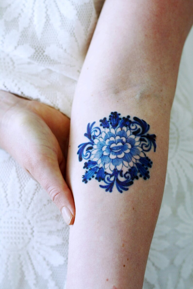 Delft Blue Temporary Tattoo / Floral Temporary Tattoo / Flower Etsy