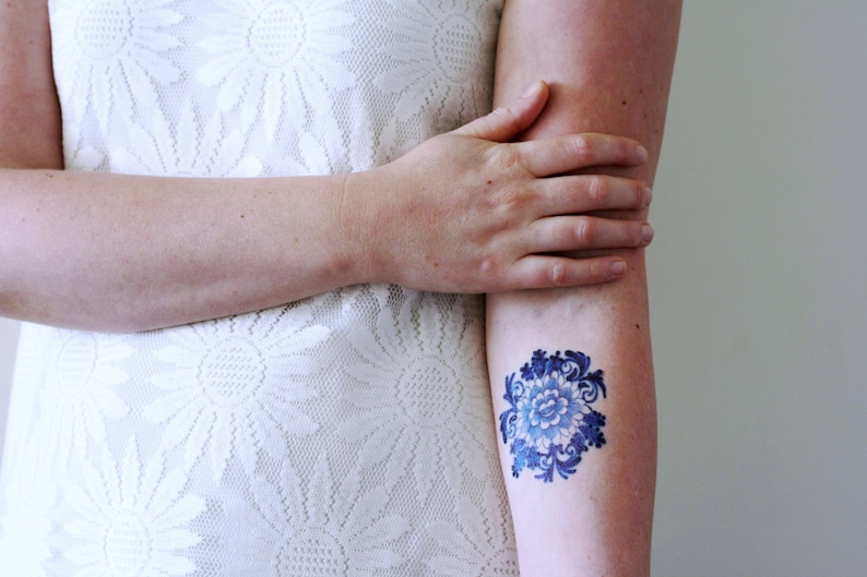 Delft Blue temporary tattoo floral temporary tattoo flower temporary tattoo blue gift idea something blue boho temporary tattoo image 3