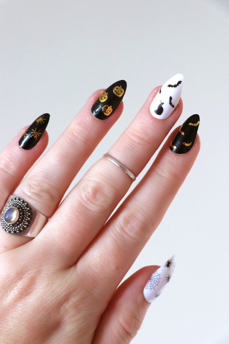 Halloween Waterslide Nail Decals DIY Nail Art Gold and black Pumpkin, Ghost & Bat Nail Stickers Gift image 1