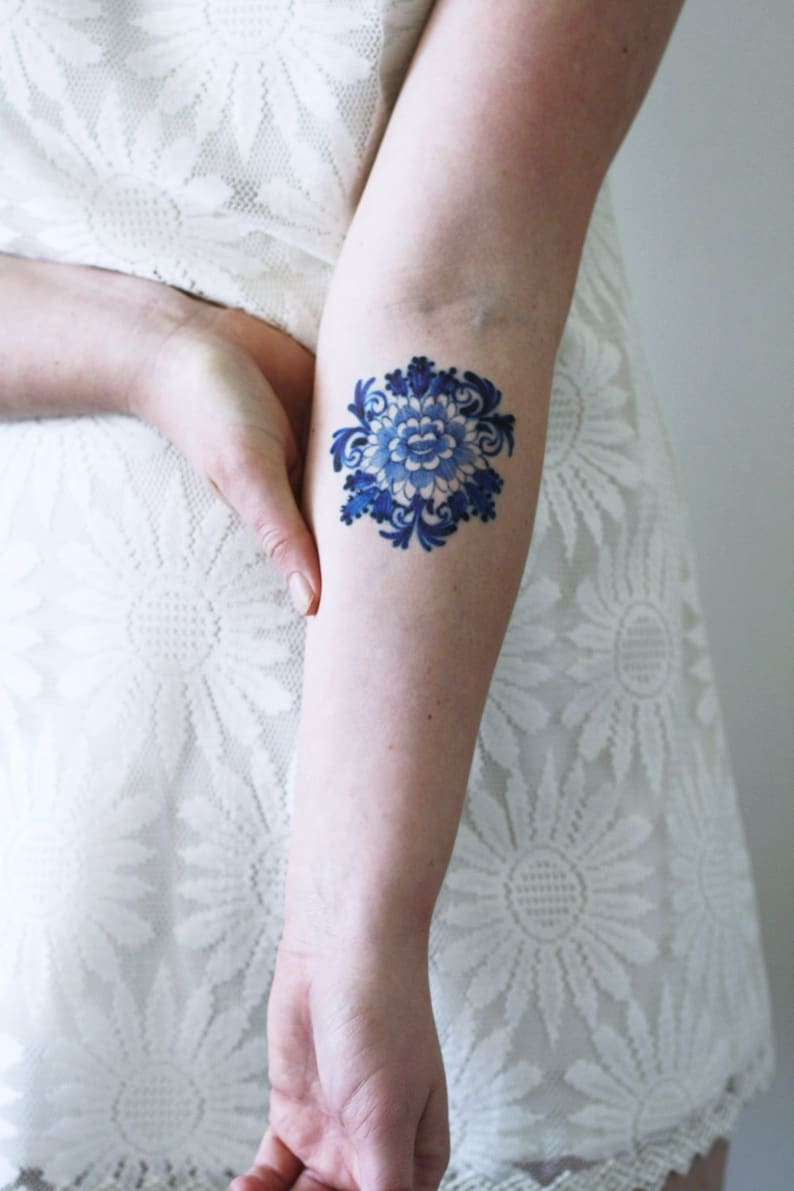 Delft Blue Temporary Tattoo / Floral Temporary Tattoo / Flower Etsy