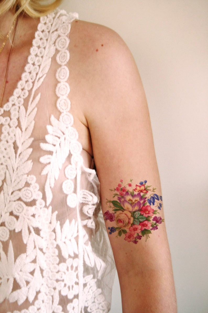 Colorful vintage floral temporary tattoo vintage temporary tattoo flower temporary tattoo bohemian temporary tattoo fake tattoo image 1