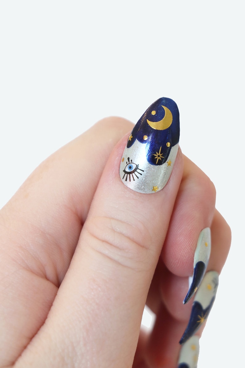 Stars Moon and Eye Nail Tattoos / Gold Nail Decals / Nail Art Etsy