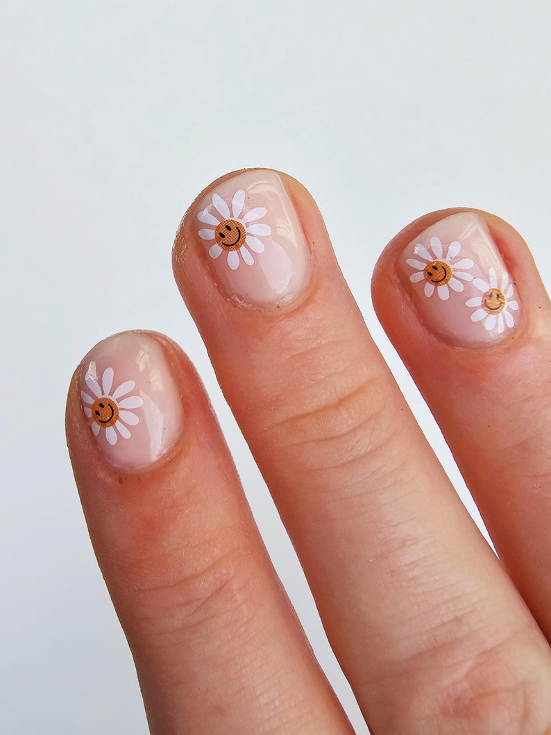 Daisies with Happy Faces Nail Decals | Cute Floral Nail Art | Fun & Playful Nails | Water Slide Decals | Gift idea for Girls | 90's nail art